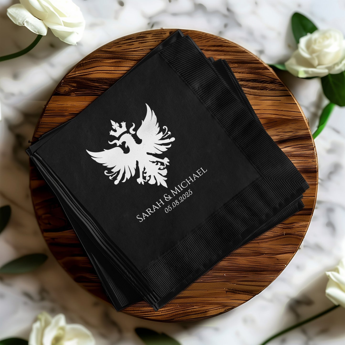 Custom Black Napkins with Elegant White Design product