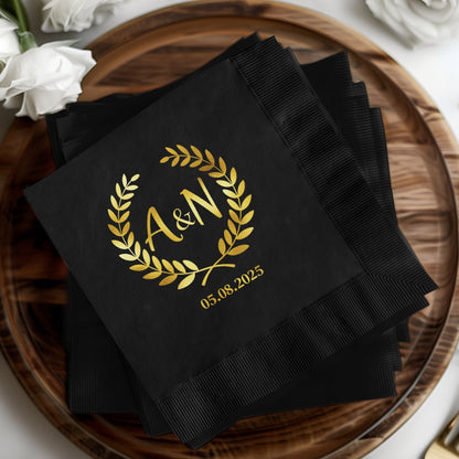 Custom Black Napkins with Golden Laurel Print product