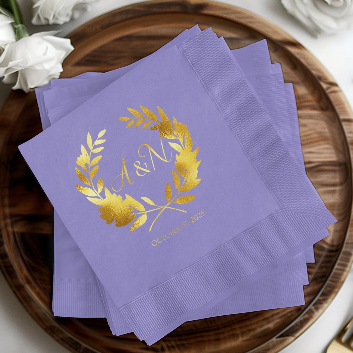 Personalized Purple Napkins with Gold Foil Wedding product