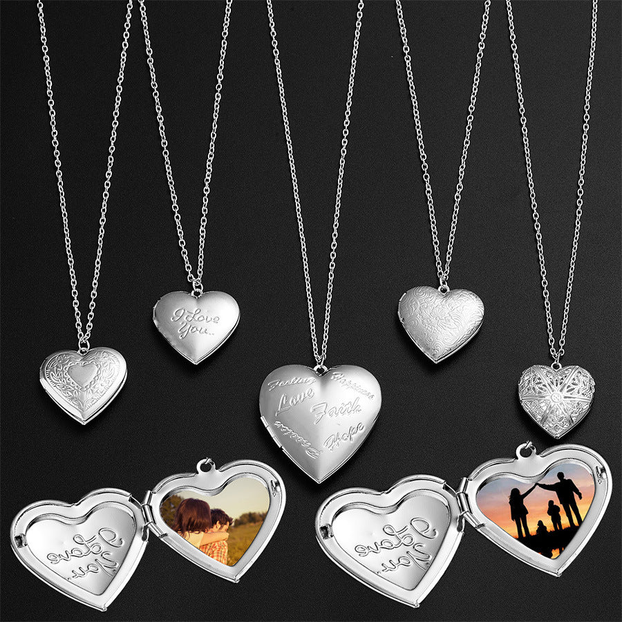 Liebeskette mit geschnitztem Design, personalisierte Halskette mit herzförmigem Bilderrahmen-Anhänger für Frauen, Familienschmuck zum Valentinstag