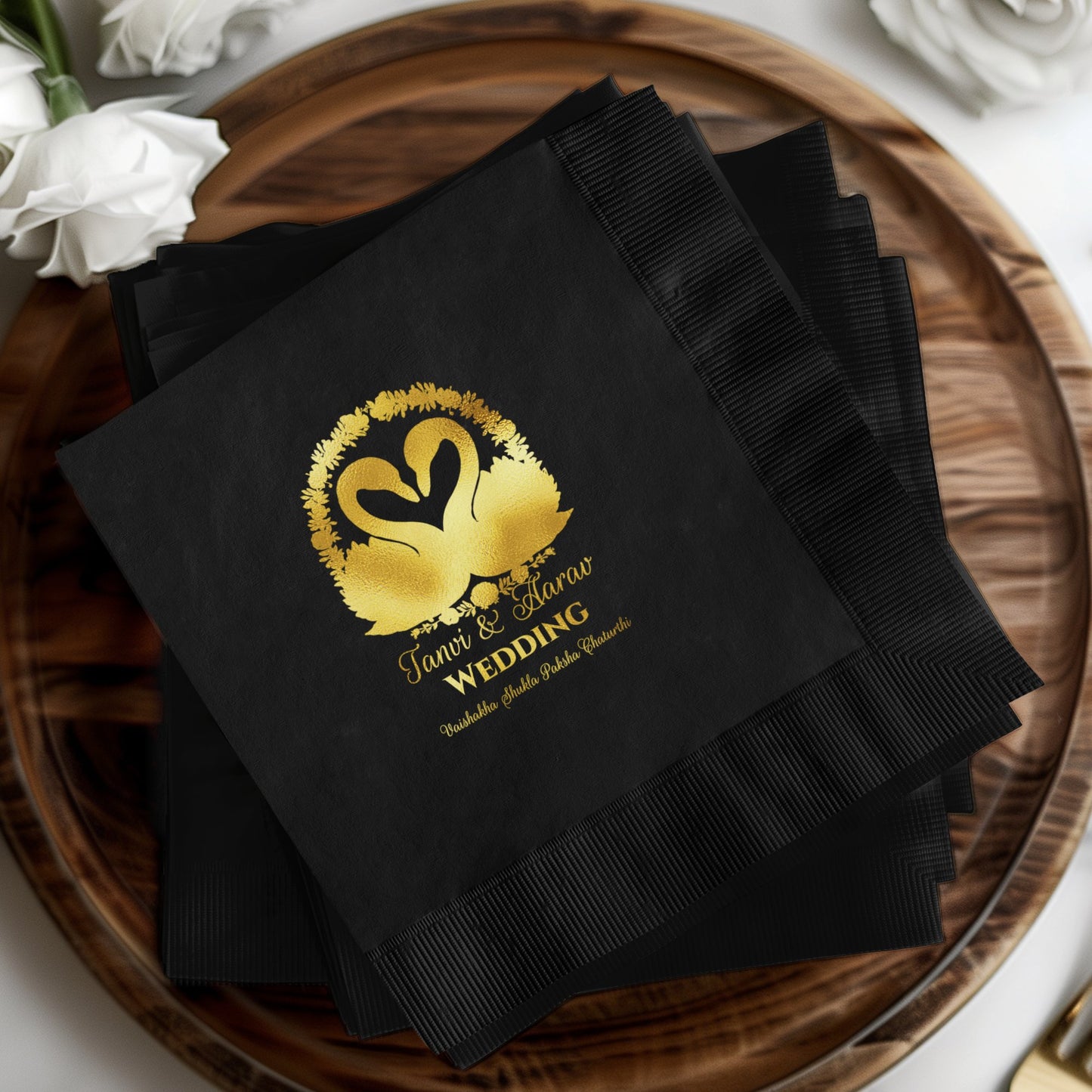 Elegant Black Wedding Napkins With Golden Print product