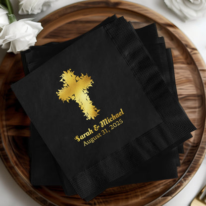 Personalized Black Wedding Napkins with Gold Cross design product