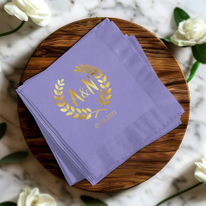 Custom Purple Wedding Date & Initials Napkins Product