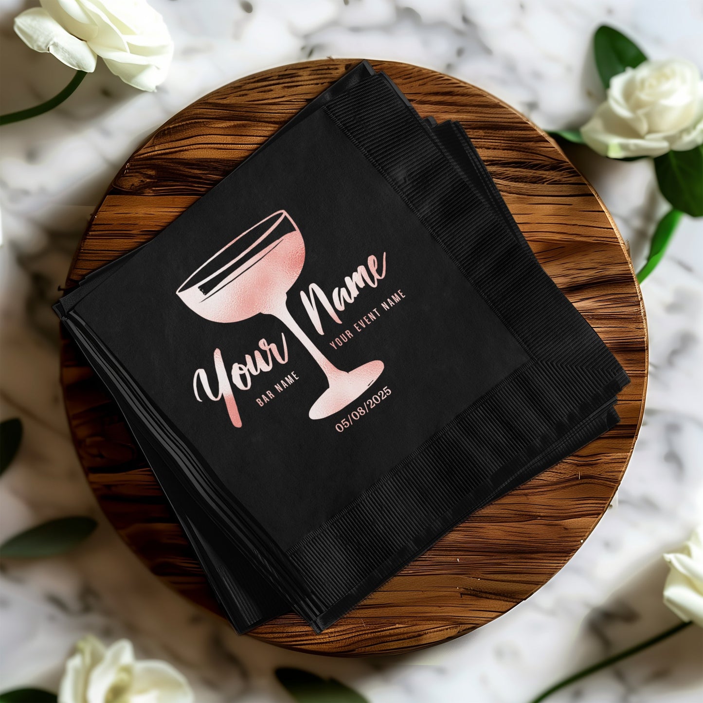 Custom Black Napkins with Stylish Champagne Glass product
