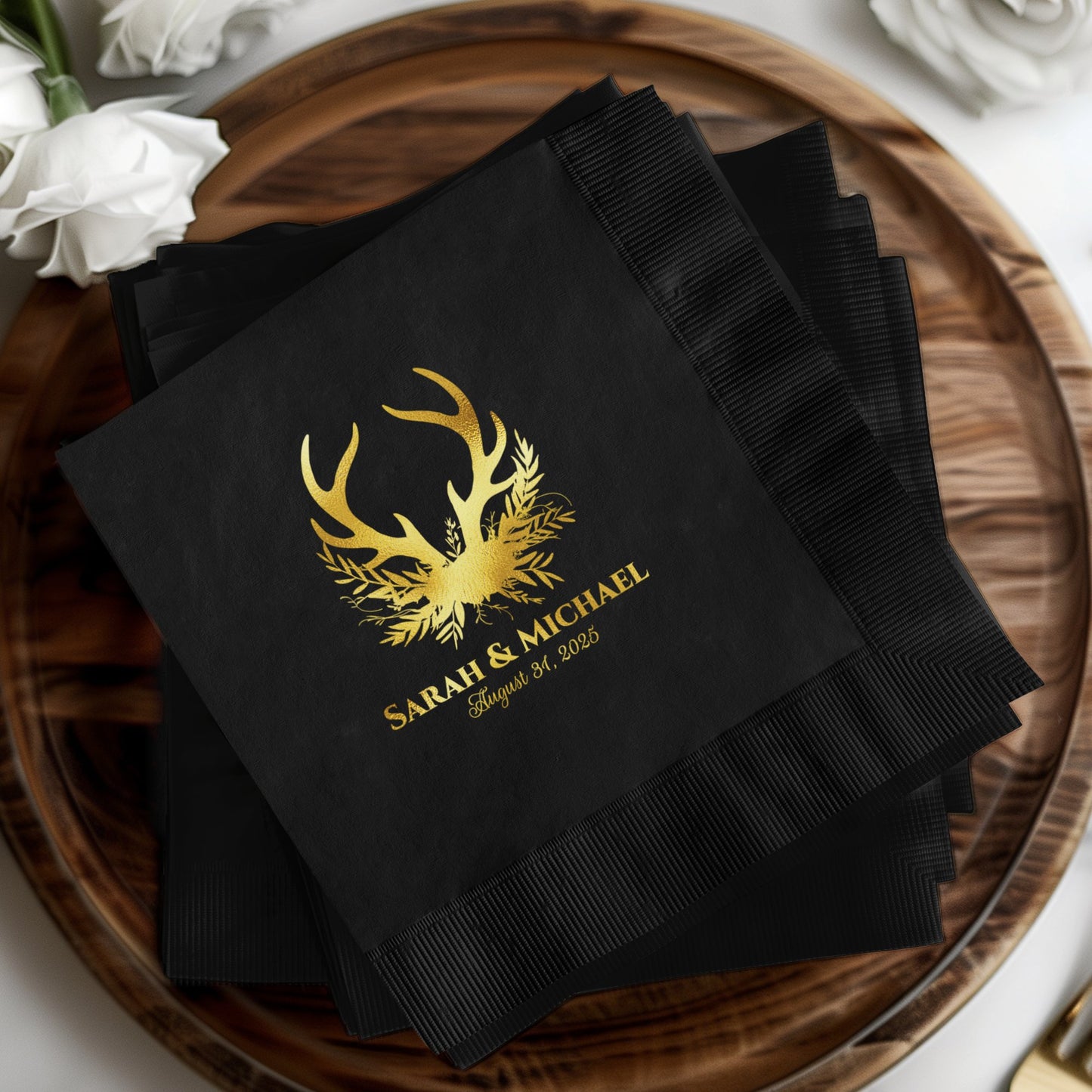 Elegant Gold Antler Black Wedding Napkin product