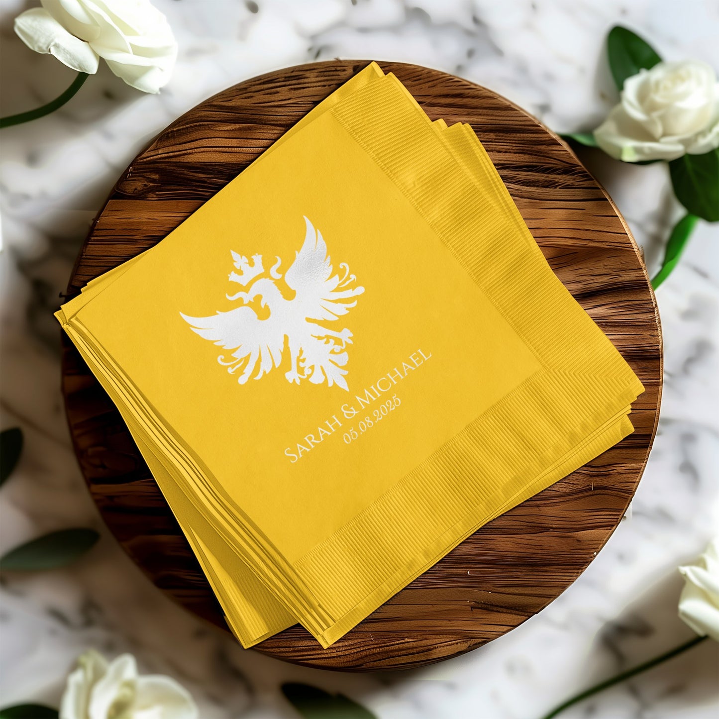 Custom Yellow Wedding Napkins with Elegant Dove product type