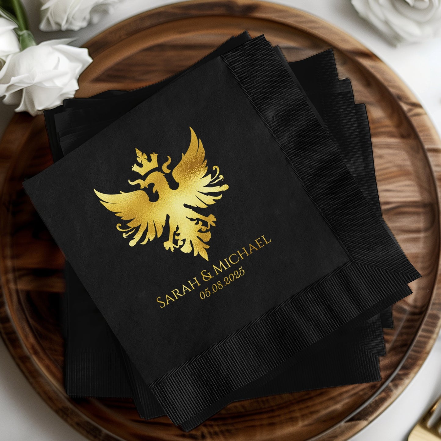 Elegant Custom Black Napkins with Golden Crest product