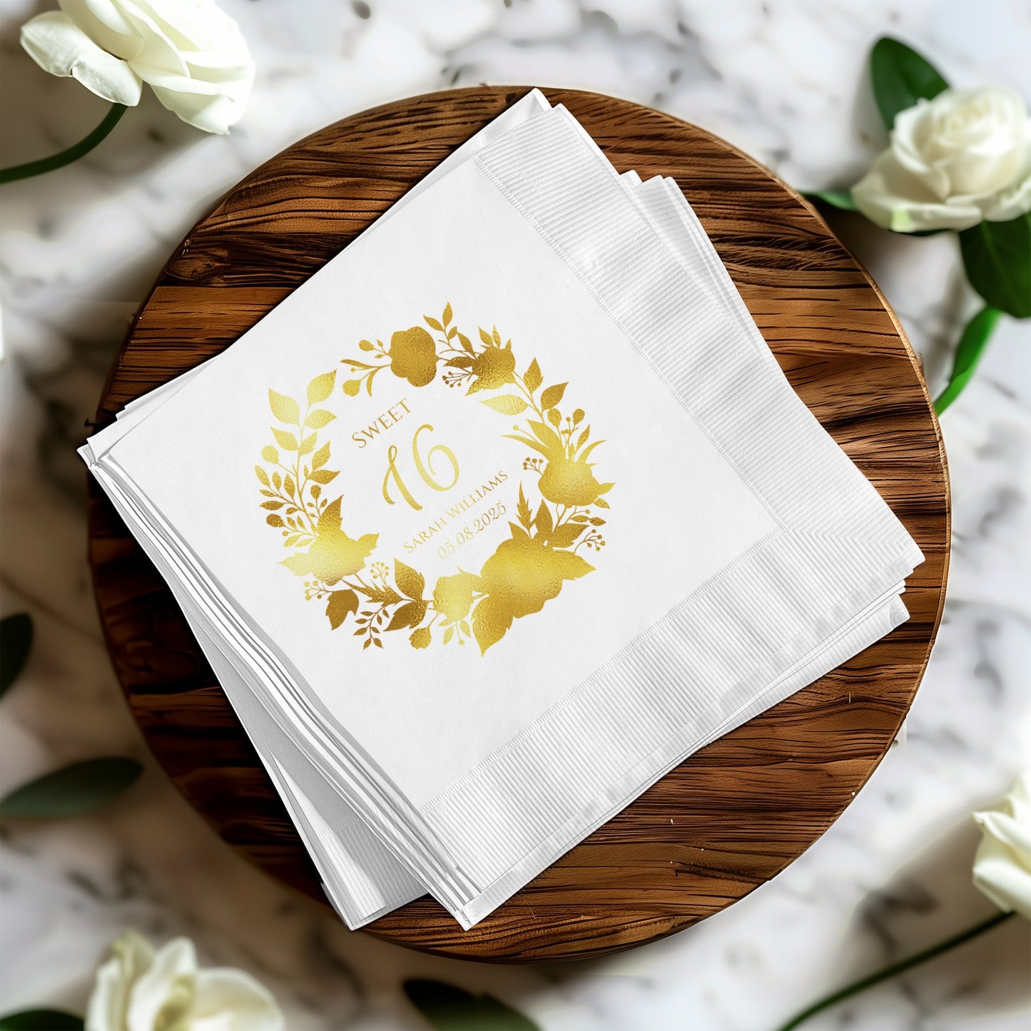 Sweet 16 Floral Gold Foil Personalized Napkins product