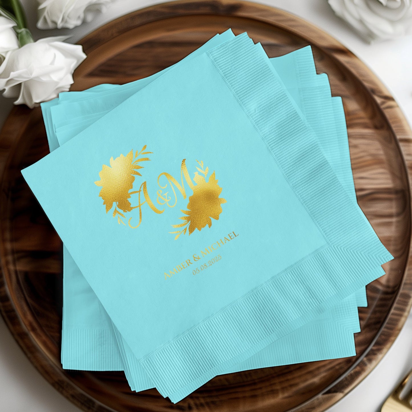 Personalized Aqua and Gold Wedding Napkins product