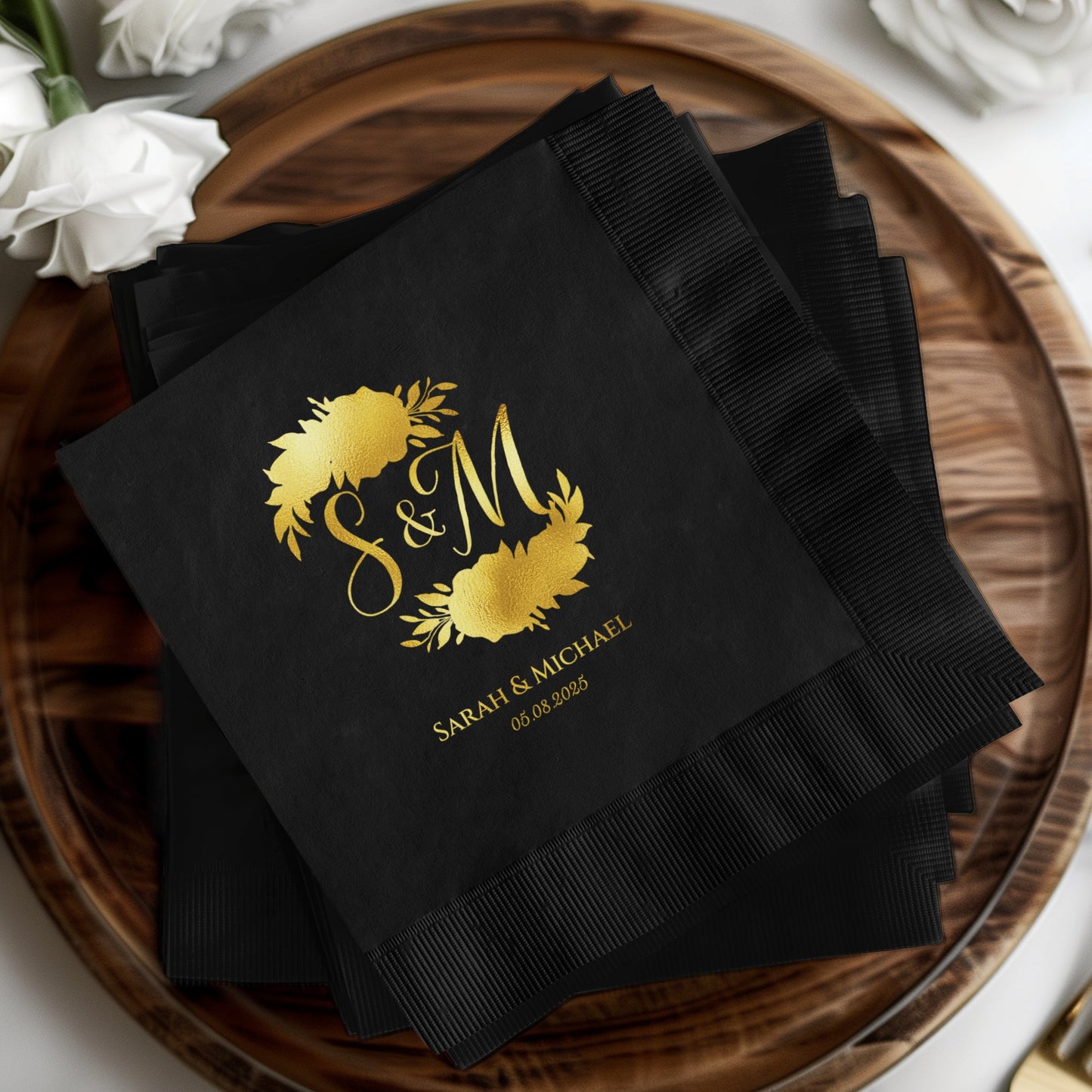 Personalized Black Floral Wedding Napkin product