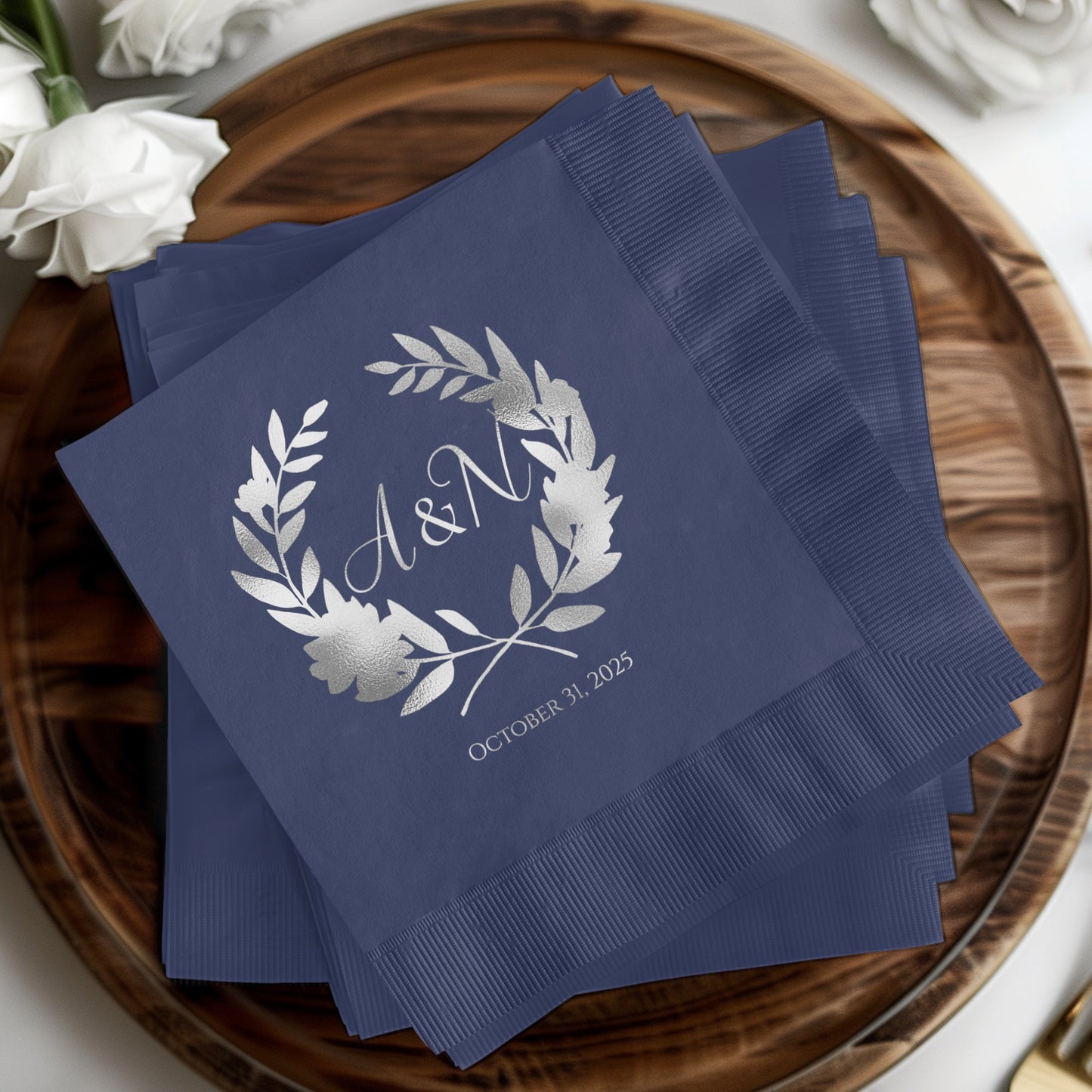 Personalized navy blue wedding napkin product