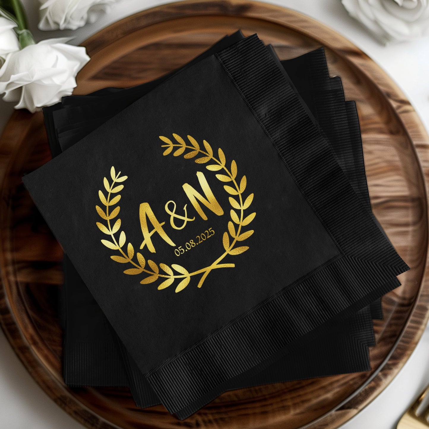 Personalized Black Napkins with Gold A & M Design product type