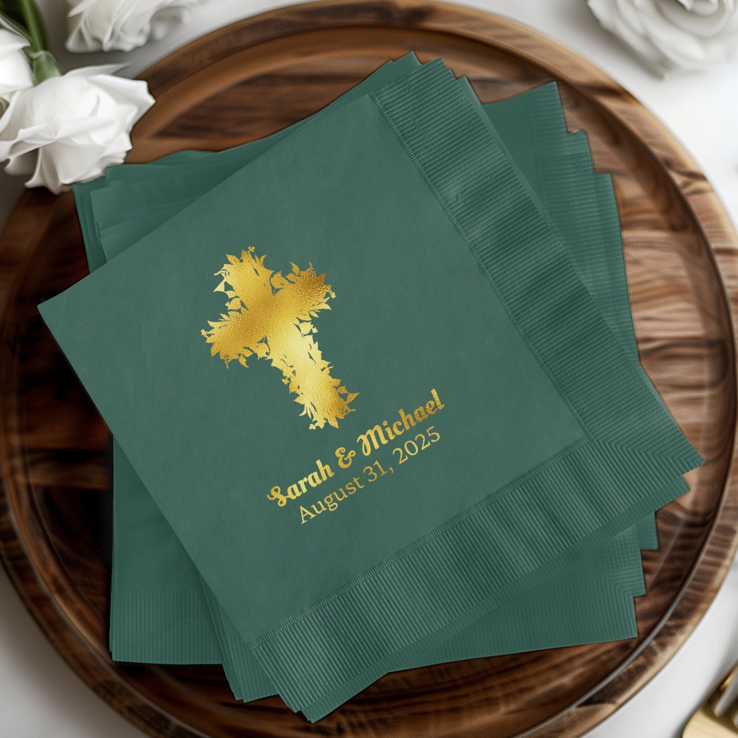 Personalized Cross Green Wedding Napkins Product
