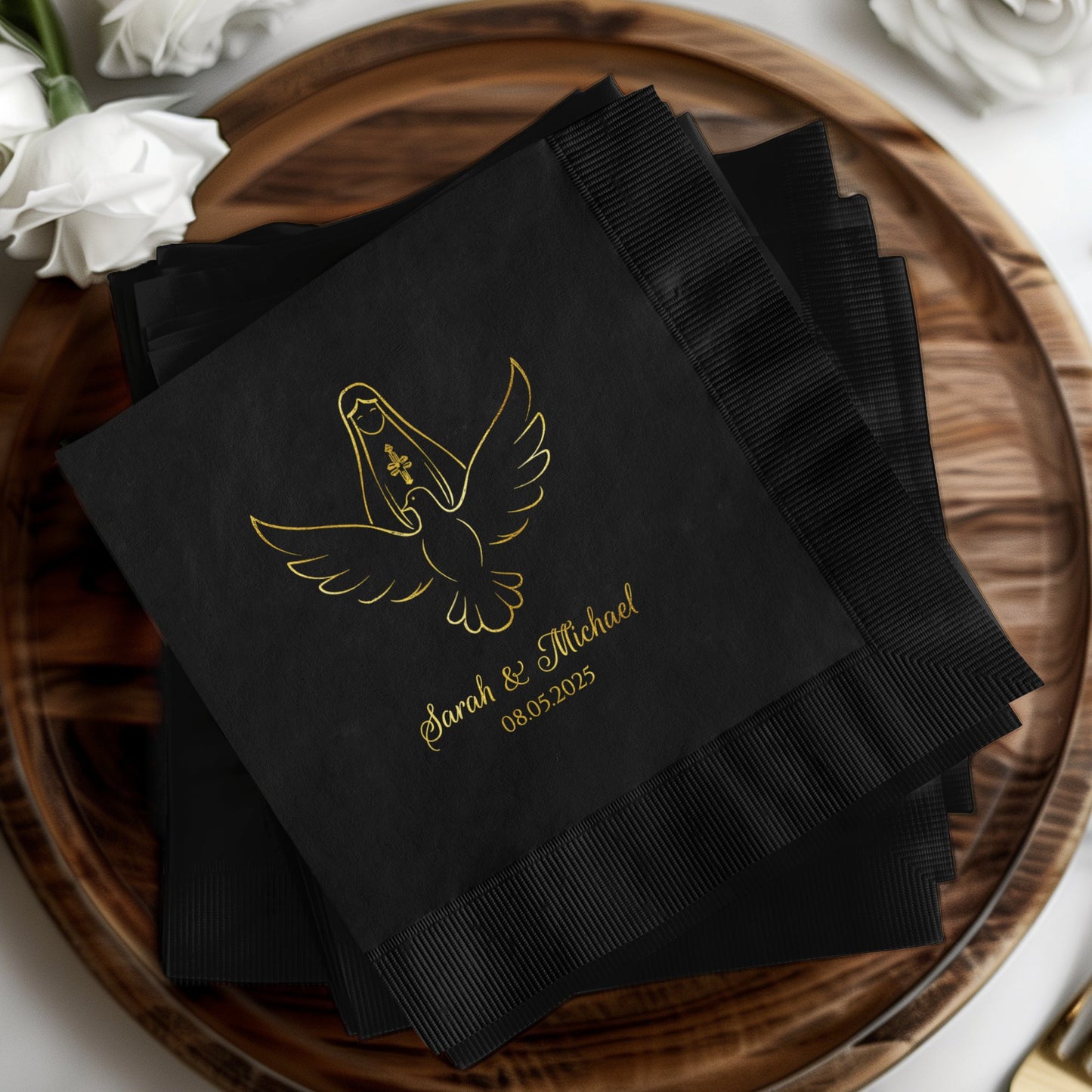 Custom Black Wedding Napkins with Dove Design product type