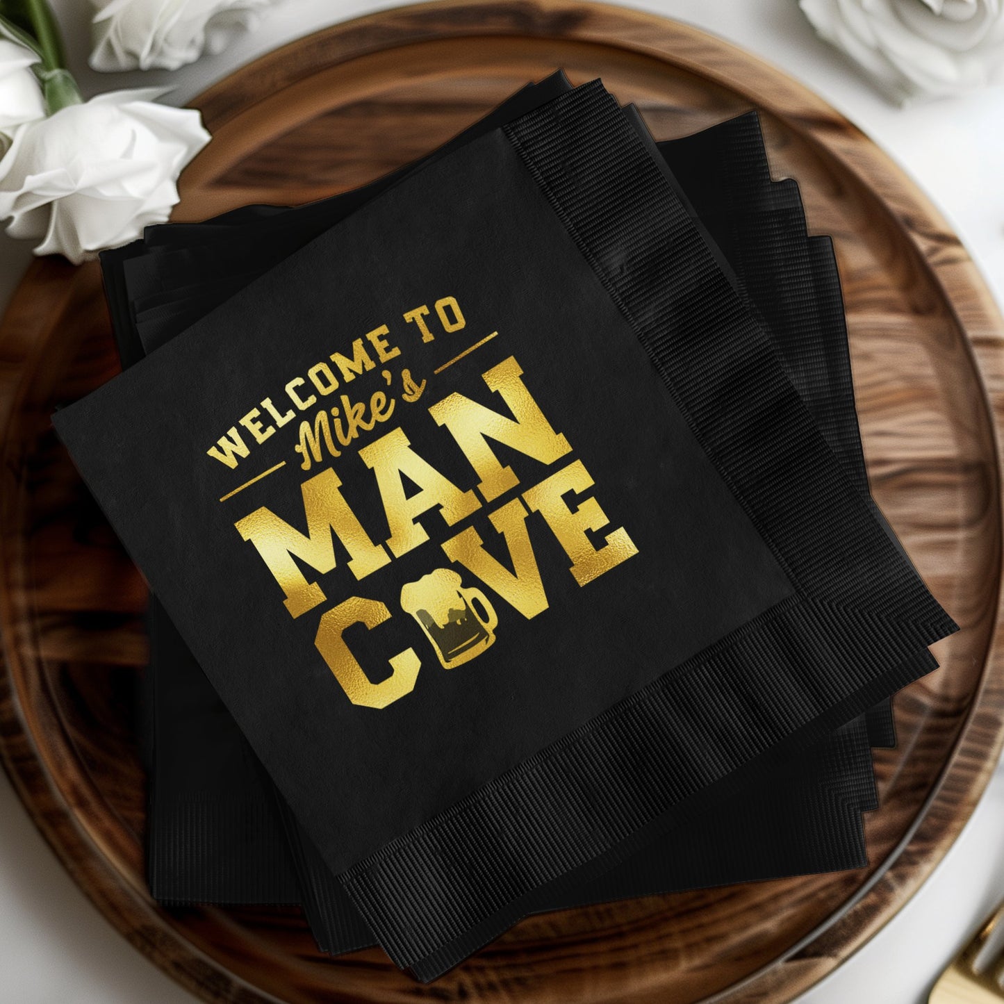 Welcome to Mike's Man Cave Black Beverage Napkin product
