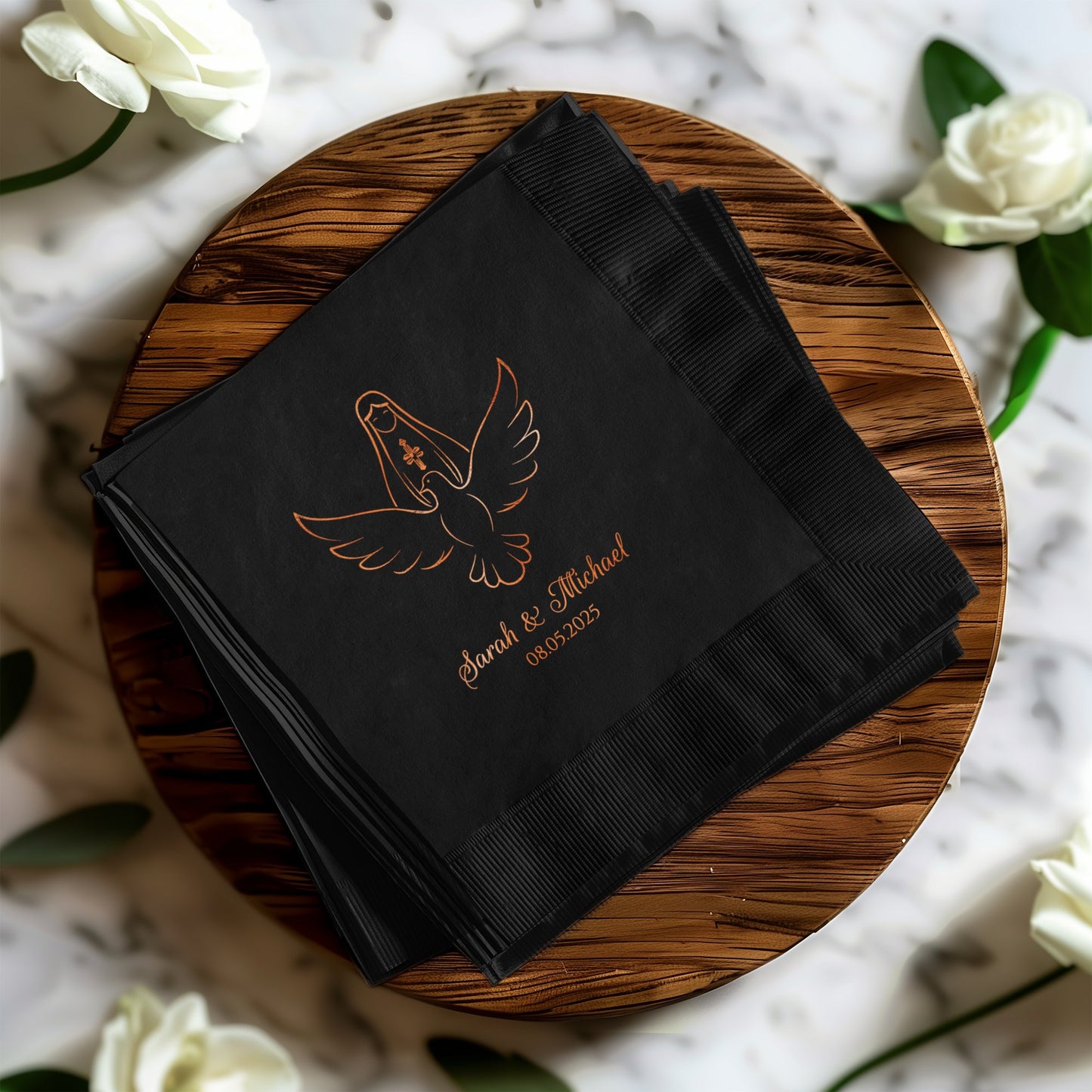 Custom Wedding Black Napkins with Dove Design product type